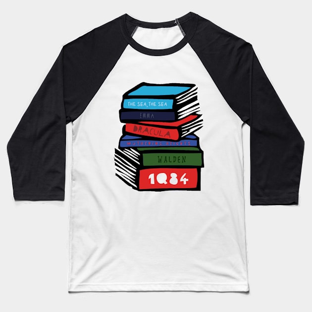 Classic Book Stack Baseball T-Shirt by louweasely